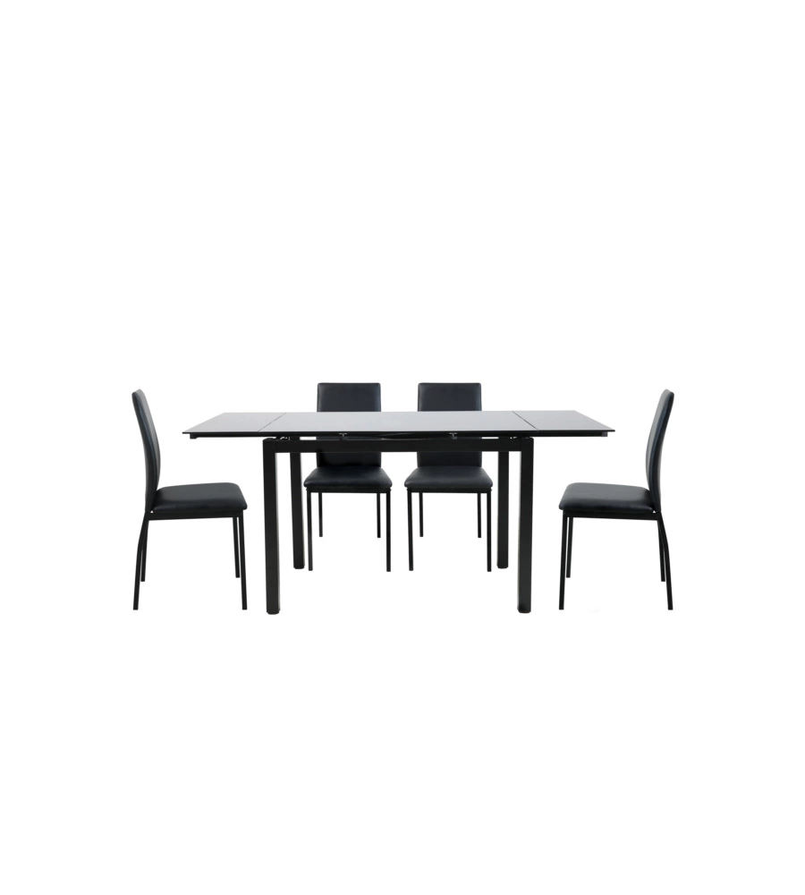 Set pranzo bellahome "minorca" nero con tavolo estensibile in vetro 4 sedute